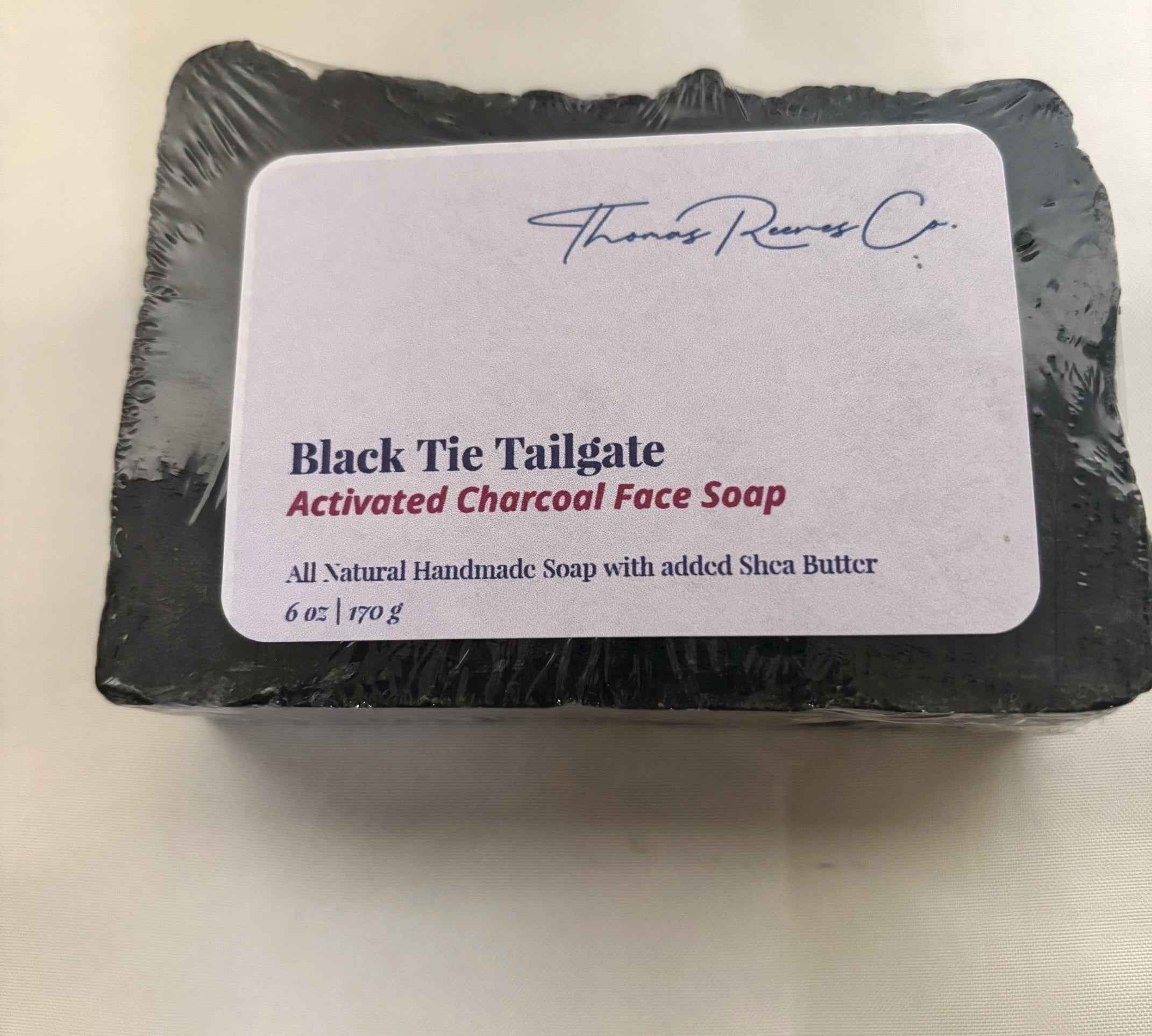 Black Tie Tailgate activated charcoal soap, 6 oz bar with Thomas Reeves Co. label