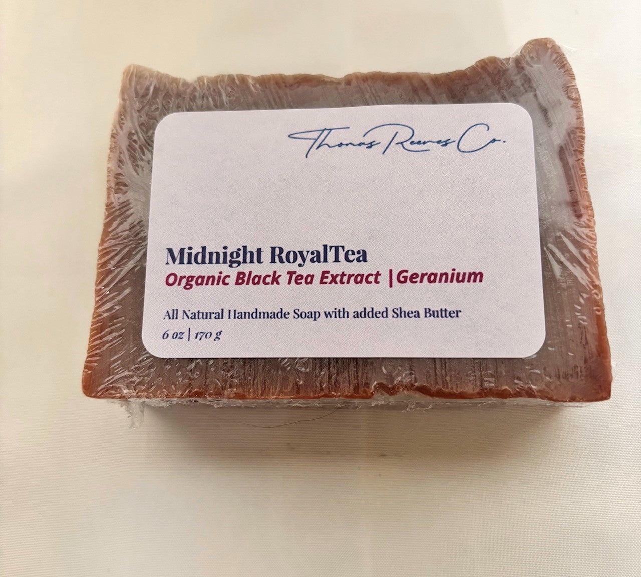 Midnight RoyalTea black tea and geranium soap, 6 oz bar with Thomas Reeves Co. label