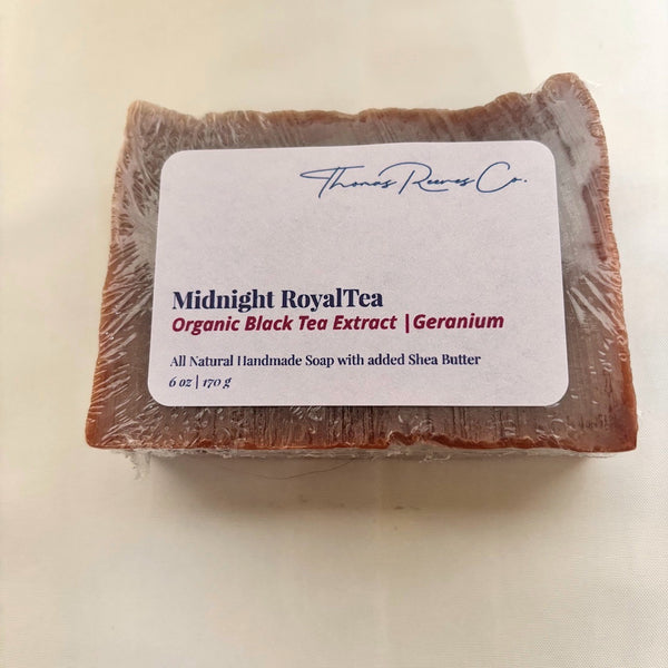 Midnight RoyalTea black tea and geranium soap, 6 oz bar with Thomas Reeves Co. label